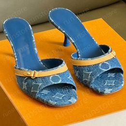 Designer Revival Mule Designer Blue Denim Sandals geborduurd geprinte Stiletto Heel Lederen Round Toe Flip-Flops Lady Summer Denim Mule Sandaal Hoge hak