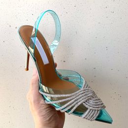 Designer Rhinestone Platform Crystal Heels Luxury's ge￯mporteerd leer Leer Large Low Decorative Sandals 100 mm Spool Dress Shoes