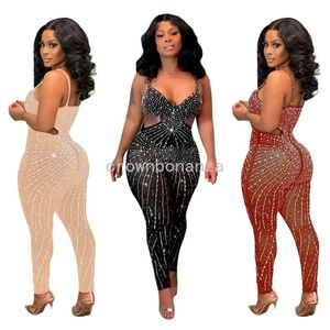 Designer Rhinestone Diamonds Jumpsuits Women Spaghetti Rats Rompers Sexy Mesh Sheer Zie Jumpsuits Party Night Club Wear Groothandel kleding