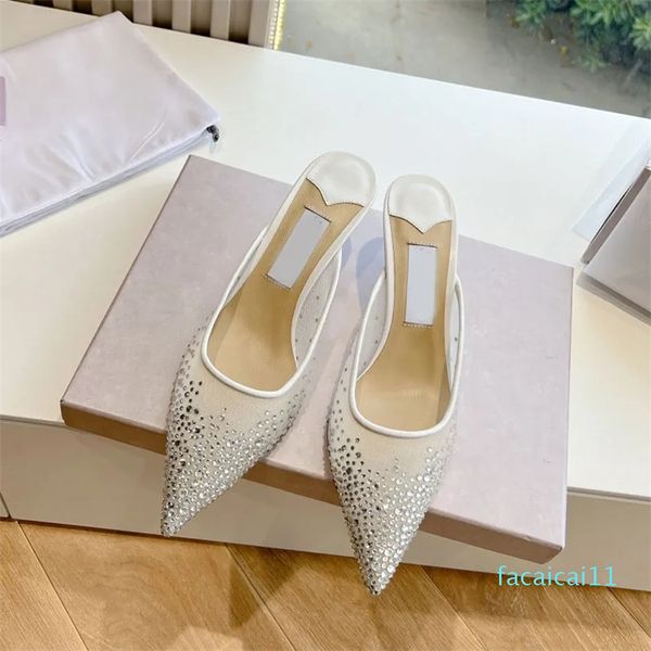 Zapatillas de diamantes de imitación de diseñador Sandalias de malla de cristal Zapatillas puntiagudas de diseñador para mujer Zapatillas de tacón de fiesta de boda de moda de plata rosa blanca