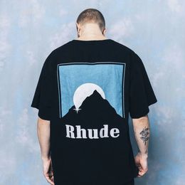 Diseñador Rhude Camisetas para hombre Classic Sunset de manga corta de lujo para hombres y mujeres Street T-shirt Tema de algodón Impreso High Loose