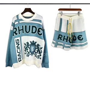 Rhudesy tricoté hauts et shorts concepteur hommes femmes à la mode couleur bloc col rond pull décontracté lâche vintage cordon shorts