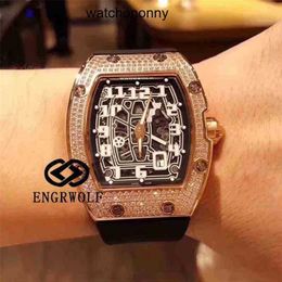 Diseñador Ri Mlies Relojes de lujo Reloj de barril Serie Rm67-01 Vino Máquina automática Diamante completo Oro rosa Cinta negra Hombre