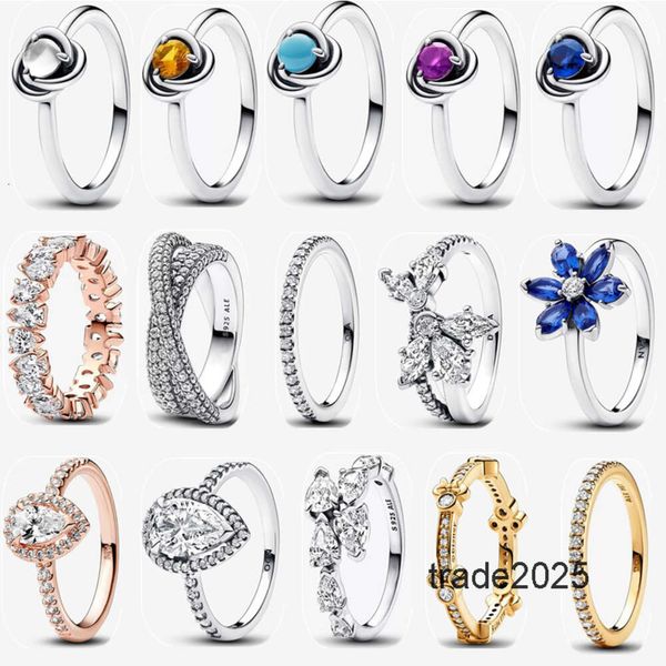 Anillo de diseñador Mujeres Anillos de boda de lujo Vacaciones de Navidad con caja Regalo de Año Nuevo DIY ajuste Pandoras Forma de flor brillante con taladro azul Joyería al por mayor