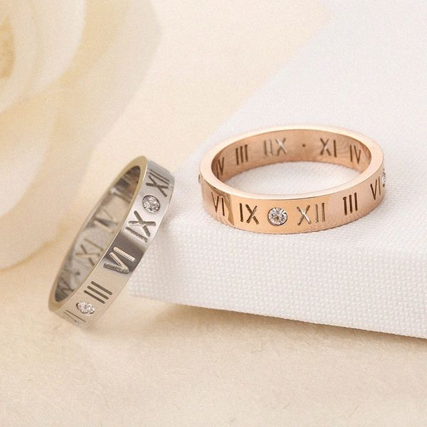 Anillos de diseño Titanio Acero Números romanos 18k Oro rosa Amantes Parejas Cumpleaños Joyería de moda Anillo de compromiso de boda para hombres Regalos para mujeres A0ay #