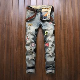 Designer déchiré jean tube droit gratté patch pantalon hommes style européen à la mode de haute qualité lavé