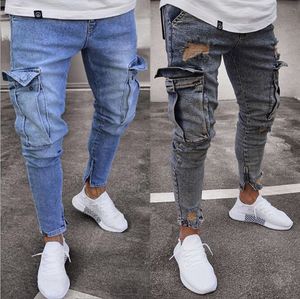 Designer déchiré poche bleu couleur unie Denim hommes mince mode haute rue Biker mâle pantalons longs crayon pantalon jean