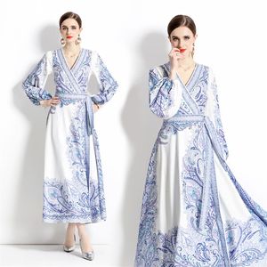 Designer Robe Lanterne Manches Ceinturée Côté Bow Wrap Maxi Robe 2023 Femmes Col En V Slim Vintage Paisley Floral Party Robe Longue Vacati276Z