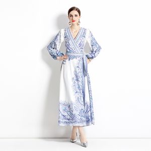 Designer Robe Lanterne Manches Ceinturée Côté Bow Wrap Maxi Robe 2023 Femmes Col En V Slim Vintage Paisley Floral Party Robe Longue Vacati245N