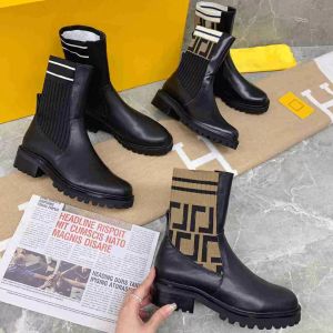 Designer Rockoko Boots Women Combat Ankle Martin Boot Brand Leather Biker Gebreide stretch Fabric Shoes Winter Platform Mid-top laars