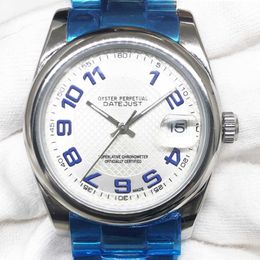 Reloj de diseño de rol superior para hombre y mujer, reloj mecánico automático, clásico, arco de registro, cuadrícula blanca, tabla de números azules rr024