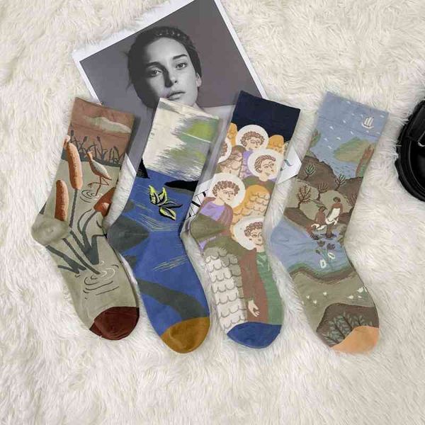 Designer Runner Sock Chaussettes en coton peigné pour hommes et femmes Bas de soie de couleur Peinture à l'huile Impression Dessin animé Portrait créatif Plantes Animaux Abstrait