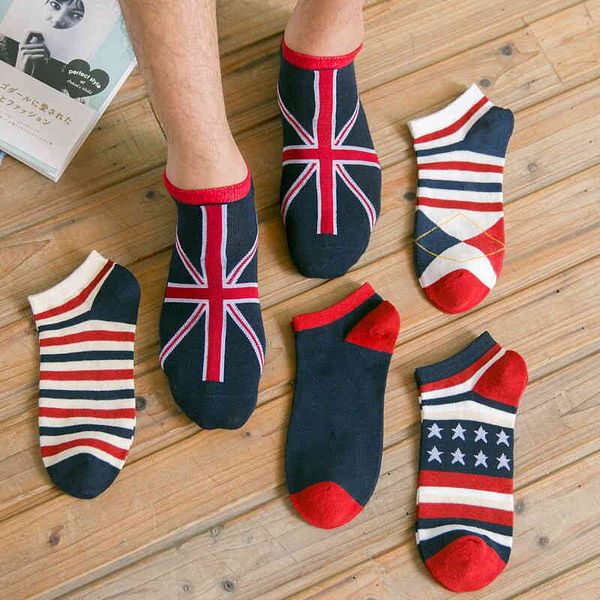 Designer Runner Sock Chaussettes invisibles antidérapantes pour hommes Chaussettes en coton avec motif drapeau national Respirant 5 paires