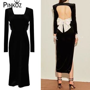 Designer Runway Celeberity Style Black Slim Bodycon Maxi Dress Party Sexy Night Backless Bow Lace Up Square Collar Robe 210421