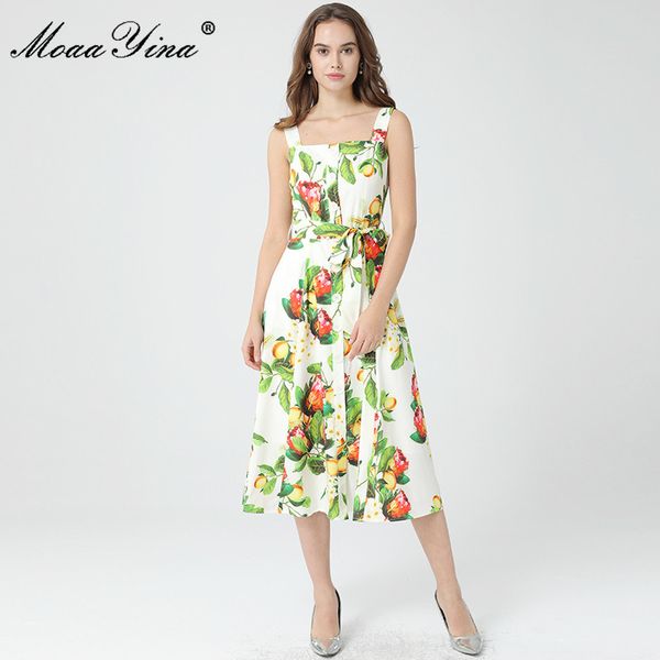 Designer Runway dress Summer Women Lemon Print Spaghetti strap Single-breasted lace-up Bohemia Holiday Dress 210524