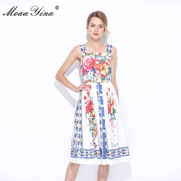 Designer Runway Dress Summer Women Sling Spaghetti strap Vase Floral-Print Button Casual Holiday Elegant Beach 210524