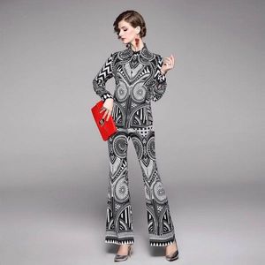 Designer Runway Pattern Print Shirt Pantalon Deux Pièces Ensemble Femmes D'été À Manches Longues Blouse Top + Bell-bottom Flare Pant Set 210514