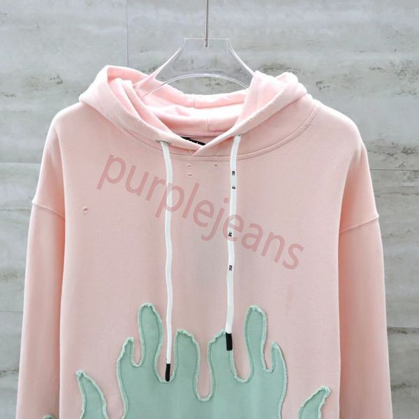 Sudadera con capucha básica de diseñador con bolsillo tejido con cordón y parche de combinación de colores de helado, jersey con agujero de llama bordado