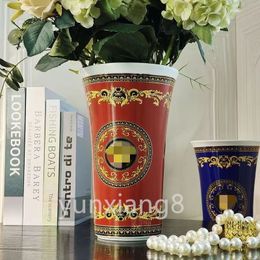 Decoración de jarrón de cerámica de alta gama de diseñador, sala de estar, vestíbulo, decoración de gabinete de TV, arreglo floral, regalo de porcelana real de estilo europeo-26.4*10.7*17cm03