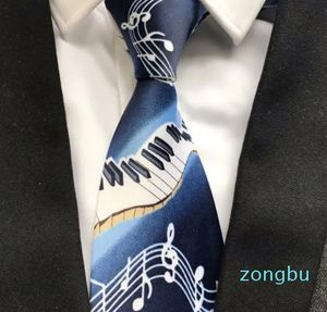 Corbata musical para hombre de diseñador azul con patrón de notas musicales de piano