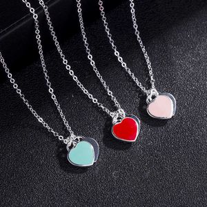 Ontwerper S925 Sterling zilveren liefde ketting dubbele hart hanger emaille blauw roze perzik hart vrouwelijke stijl sleutelbeen ketting