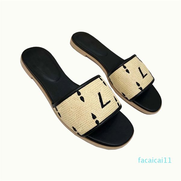 Diseñador Sandalia Paja Artículo trenzado Zapatos Mujer Ganchillo Diapositivas Plataforma negra Cuñas Paja Plataforma plana Zapatilla Verano Confort plano Mula Playa