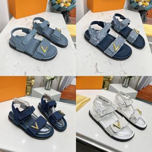 Designer sandaal zonsondergang comfort sandalen vrouwen glijden lederen slipper denim splitsen slippers canvas print metalen gesp bak Balck blauw zandige zandstrand zomer schoenen