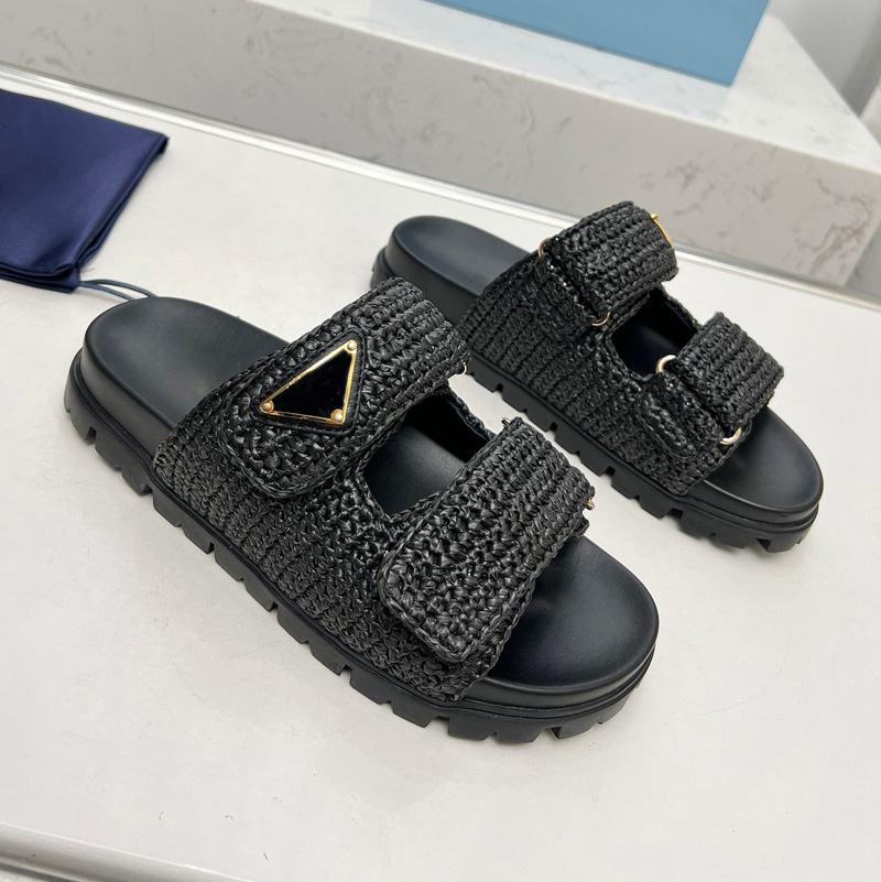 Designer Sandals Woman Crochet Slides Black Platform Wedges Straw Flatform Slipper Summer Flat Comfort Mule Beach Pool Two Straps