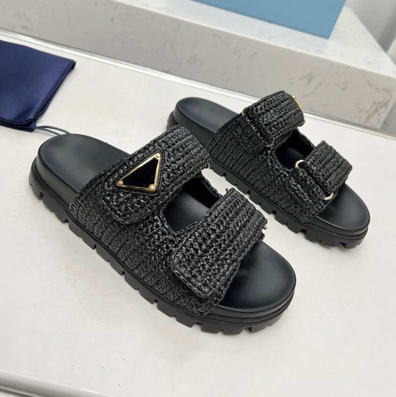 Designer Sandalen Woman Crochet Glaides Zwart platform Wedges Straw Flatform Slipper Summer Flat Comfort Mule Beach Pool Twee riemen