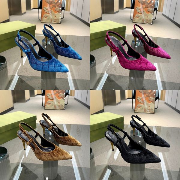 Sandalias de diseñador Mujer Slingback Bomba Sandalias de terciopelo G Tacones de metal Diapositivas puntiagudas Diapositivas de lujo Bombas de cuero Zapatos de vestir Marca Zapato de boda Tamaño 35-42