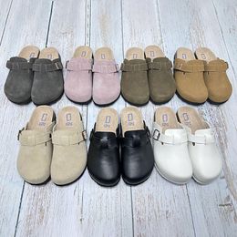 Sandalias de diseñador Boston Zuecos Zapatillas Hombres Mujeres Diapositivas Moda Zapatos perezosos Amantes Verano Playa Gamuza Cuero Hebilla Mocasín Diapositiva Plantilla suave Antideslizante Zapatilla plana