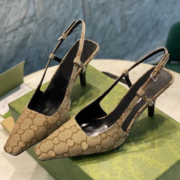 Sandales de créateurs Talons hauts en cuir de veau strass Lettre Filles G Slingback Pompe Boucle Squaretoes Gaze Stiletto Slip sur Chaussures habillées Femmes Soirée Stiletto 34-42