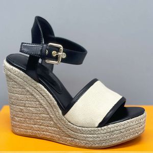 Sandales de créateurs Espadrilles en cuir talons hauts femmes sandales compensées avec boucle réglable chaussures de robe de mariée avec boîte 378