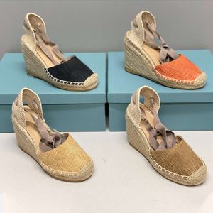 Designer sandalen espadrilles wiggen sandalen dames wedge sandalen zomerschoenen Linnen sandalen hoge hakken enkelband zwarte platformschoenen met doos 536