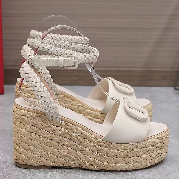 Sandalias de diseñador Moda Tacón de cuña Mujer Zapatos de suela gruesa Lafite Zapatos de fiesta con correa de tobillo de cuero genuino tejido decorativo Zapatos de marca de alta calidad