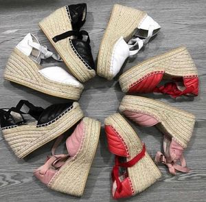 Designer Sandalen Lederen Wedges Platform Canvas Sole Schoenen Hoge Hakken Sandaal Calfskin Straw Ssandal Maat 35-42