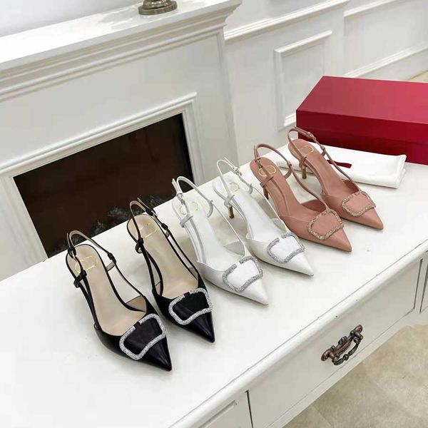 Sandalias de diseñador Tacones altos Zapatos de mujer de cuero genuino 8 cm Verano de lujo Diapositivas planas Sandalias de diamantes de imitación para mujer Fiesta Boda Negro Blanco y rosa Zapatos con bolsa para el polvo