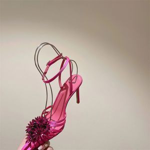 sandales de créateurs talons hauts chaussures de mariage chaussures professionnelles pointues chaussures de marque de luxe talons minces fête femmes strass fleur bandeau rose et aquazzur tory