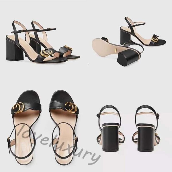 Sandalias de diseñador Tacones altos Sandalias para mujer Nuevos tacones gruesos 5 cm 7 cm 10 cm Versátil Un botón Zapatos para mujer Sandalias con punta abierta Botón de bronce