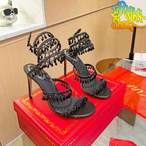 Designer Sandalen Rene Caovilla Crystal Kroonluchter Kroonluchter Sandalen Dames Stiletto Heel Fairy Style Diamond Serpentine Wrap Snake Roman High Heels 10 cm 10 cm