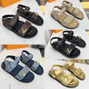 Sandalias de diseñador Sunset Comfort Zapatos de mujer Zapatillas de cuero planas Correas ajustadas Sandalia de goma Hebilla Zapatilla de lona Diapositivas de playa de verano con caja 35-42