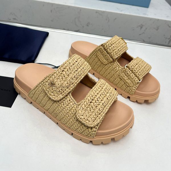 Sandalias de diseñador Mujer Toboganes de crochet Plataforma negra Cuaradas de paja Flatform Slipper Summer Flat Comfort Mule Beach Tacs Casual Flip Flip Outdoors Sliders Heels