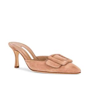 Sandalias de diseñador mujer zapatilla tacón Maysale 70 mm Cuero de gamuza Mule zapatos deslizantes con hebilla Punta estrecha Bomba Tacón de aguja suela de goma con caja 35-42EU