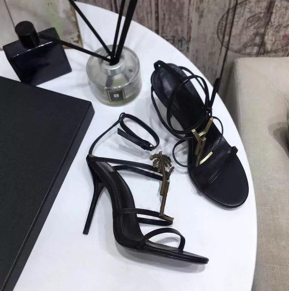 Sandalias de diseñador para mujer, tacones altos, letras metálicas, sandalias clásicas SL, zapatos de tacón de aguja con punta abierta, zapatos de vestir de boda de marca 2023