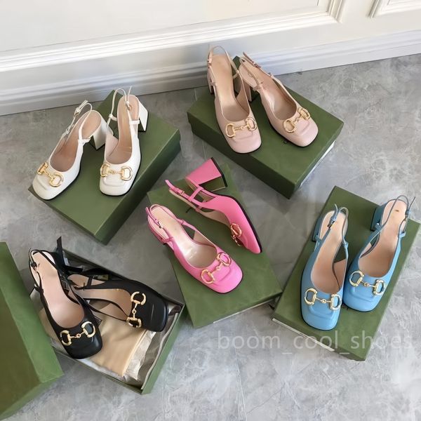 Femmes Talons Hauts Sandales De Créateur Vintage Slingbacks Talon Chunky Talon Pompes En Cuir De Vachette Bout Carré Épais Mary Jane Chaussures Dame En Cuir Boucle En Métal Chaussure 2.5CM 5.5CM 7.5CM