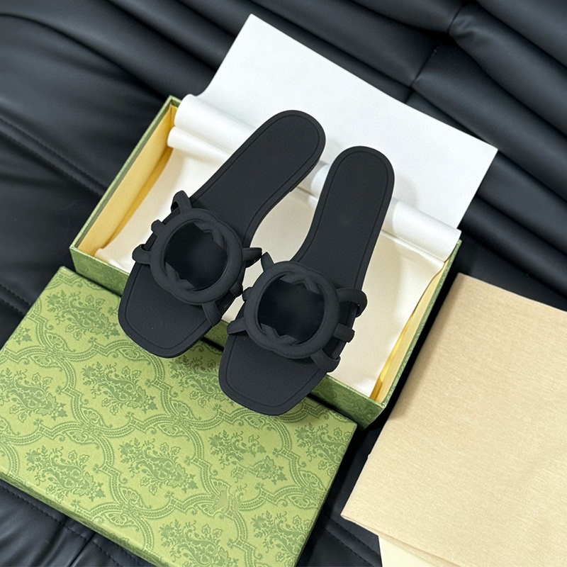 Designer sandals women interlocking G slides rubber slippers beach in black rubber