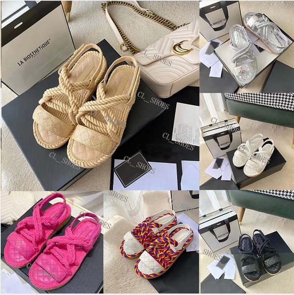 Sandalias de diseñador Sandalias de mujer Sandalia de hoja Zapatillas de plataforma Cuerda de cáñamo Diapositivas tejidas Elegante Material simple Caja de zapatillas