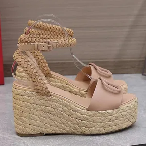 Sandalias de diseñador, zapatos de mujer, hebilla de verano, vendaje tejido, Lafite, parche de cuero, zapato de plataforma de tacón alto, vestido sexy, zapatos casuales