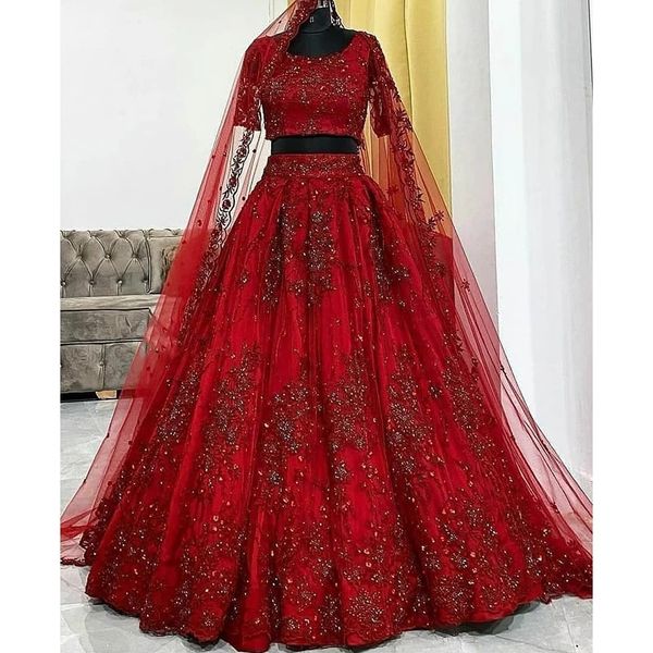 Diseñador saris kolkata Vestido de novia rojo de la India Dos piezas Mangas cortas Apliques de encaje Lentejuelas de encaje Vestidos de fiesta nupcial shyamalbh