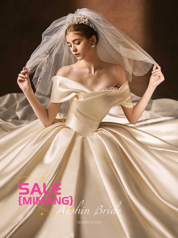 Designer Satin Wedding Dress 2024 Nieuwe zware industrie One Shoulder Uitgaande jurk Sweep-Train Simple Vintage